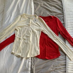 American Eagle Outfitters Long Sleeve Henley Tee - Cream & Red